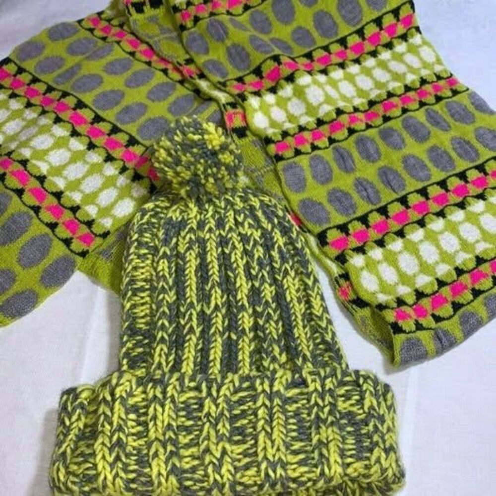 lot set Hat & scarf Echo pom-pom knit soft ski beanie geometric lime grey pink